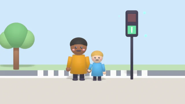A child and a grown-up wait at a crossing with a green walking signal.