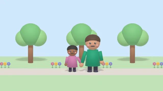 A scene from the app: a child and a grown-up hold hands on a path through a park.