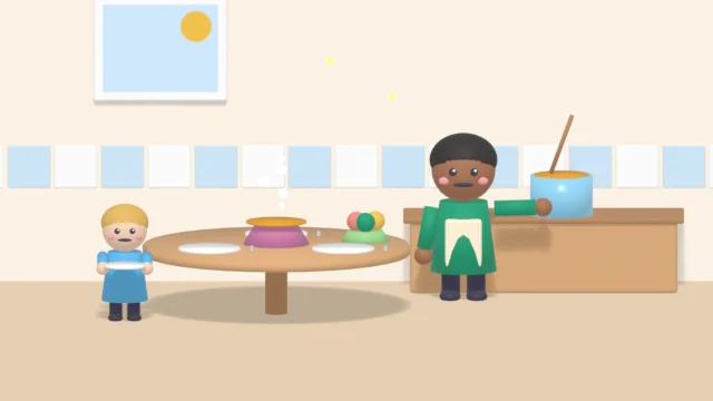 A grown-up stirs a pot while a child carries a plate to the table.