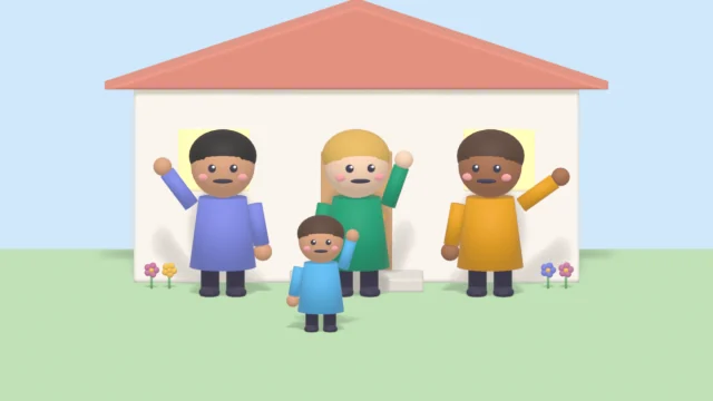 A child in front of a house with three waving grown-ups.